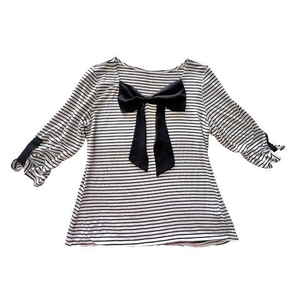 Vintage Size XL Women's Striped Top Big Bow Black White Stretch Made in USA - Picture 2 of 11